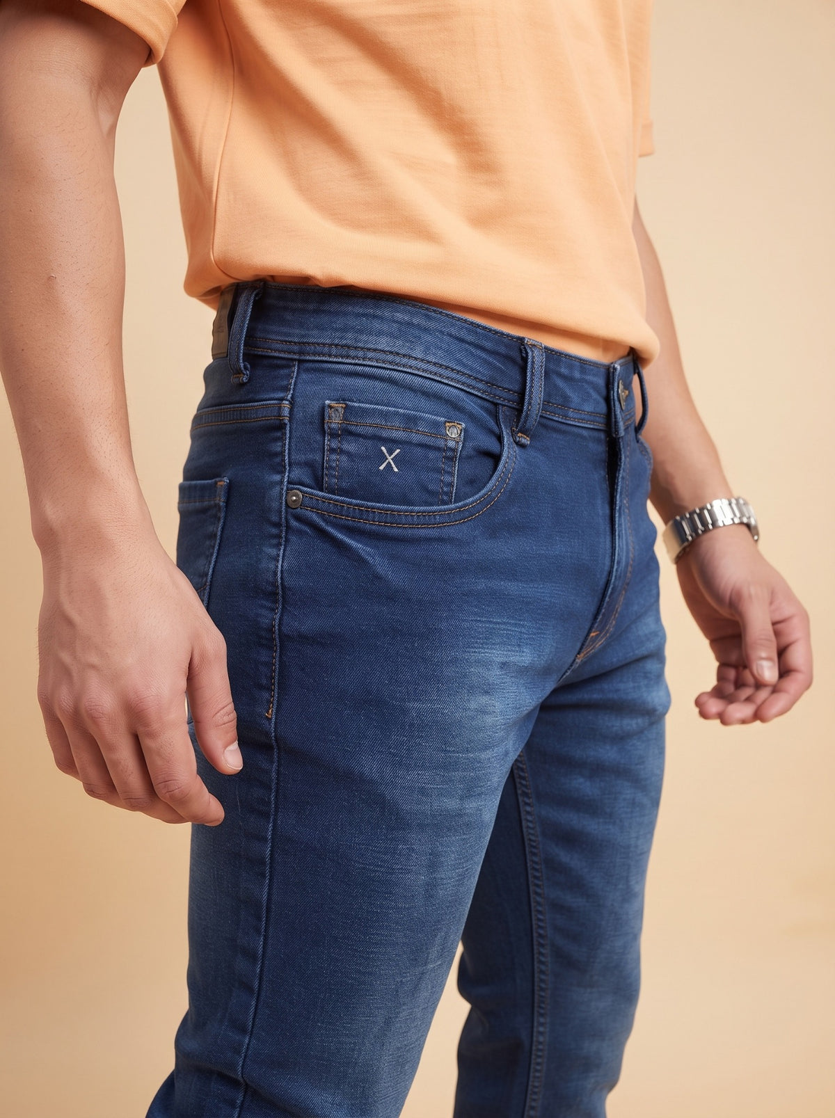 Dark indigo jeans side pocket close-up