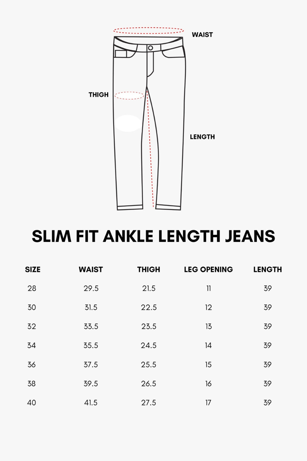 Size chart for men's ankle length jeans