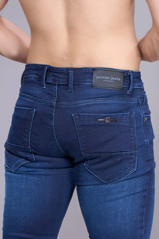 Back view of blue regular fit jeans for men displaying pockets and straight fit.