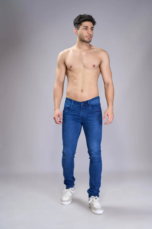 Front view of classic blue regular fit jeans for men in premium denim.