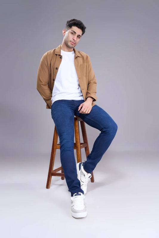 Full-body look showcasing premium dark blue regular fit jeans for men