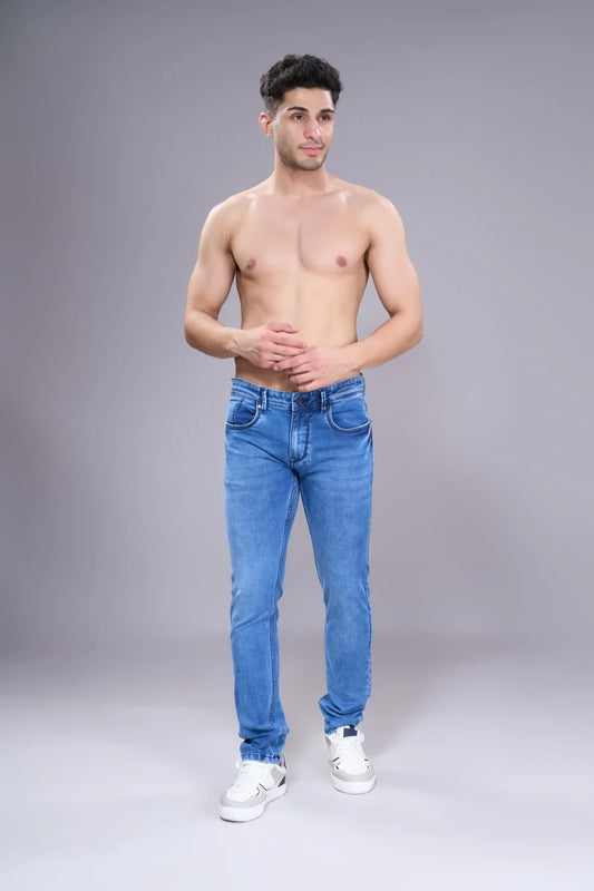 Model showcasing ice blue regular fit jeans in a clean front look