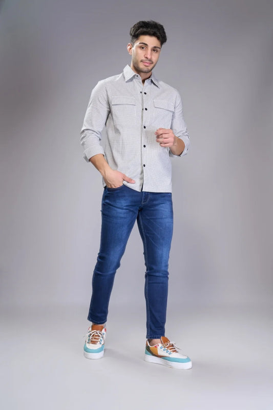 Lifestyle image showcasing Dark Blue ankle length jeans for men