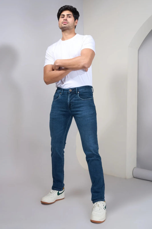 Deep blue denim styled with a classic outfit combination