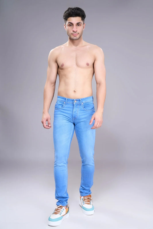 Soft stretch light blue jeans styled for everyday men’s casual wear