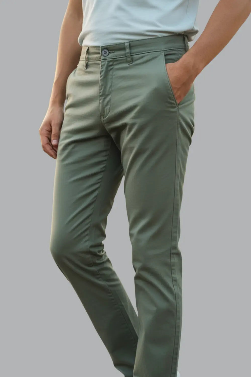 Full view of a man wearing olive green cotton pants