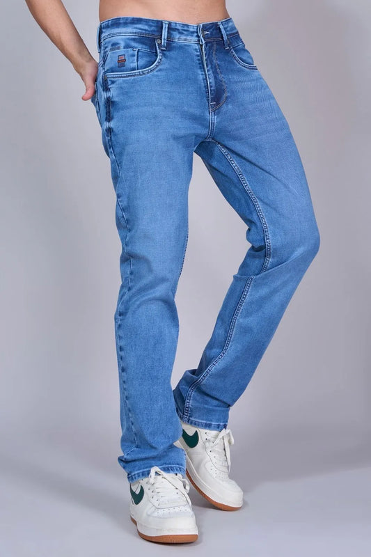 Side profile of Pointer Jeans navy blue straight fit denim