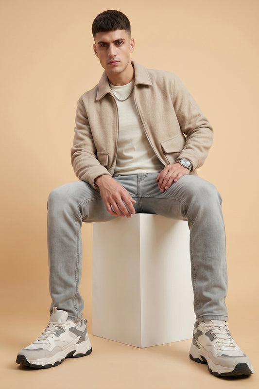 Men Light Grey Slim Fit Stretchable Jeans – front product view