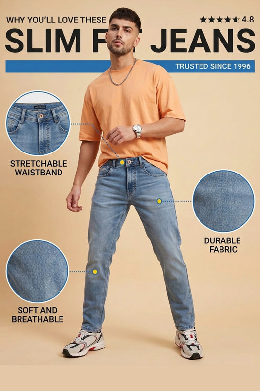 Men's mid blue washed slim fit jeans by Pointer Jeans, alternate view 1
