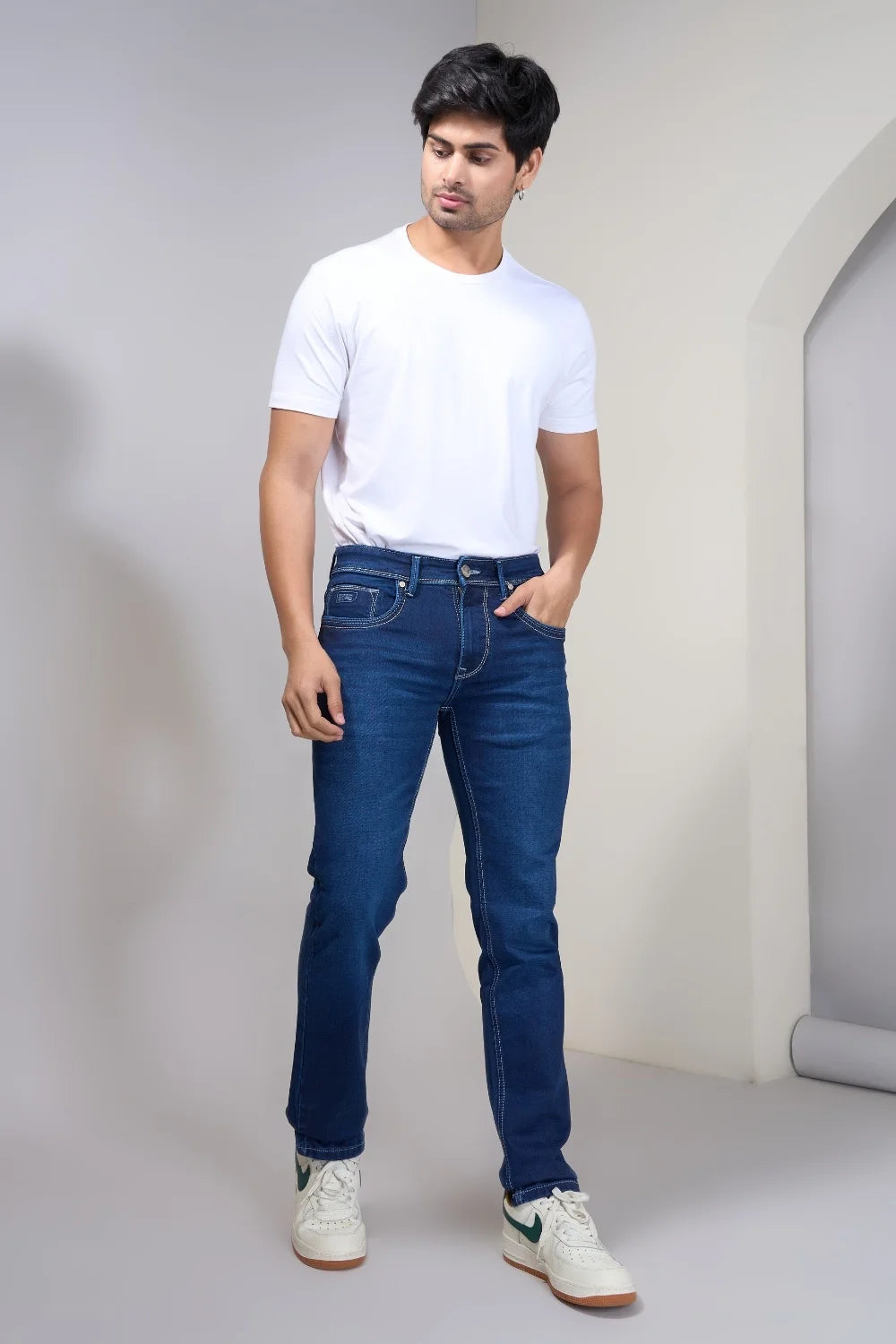Comfortable everyday blue jeans paired with casual footwear and shirts