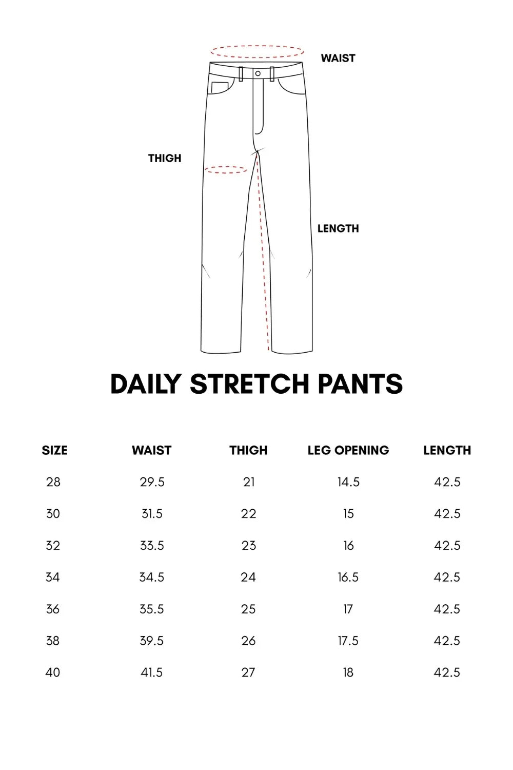 Size chart showing waist, thigh, leg opening and full length measurements