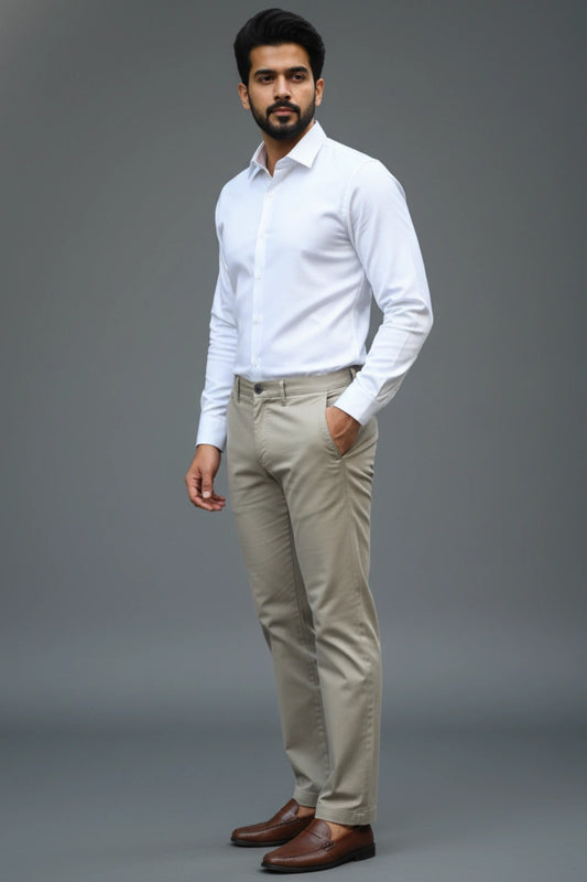 Man wearing a white shirt, light brown cotton pants, and brown shoes on a gray background