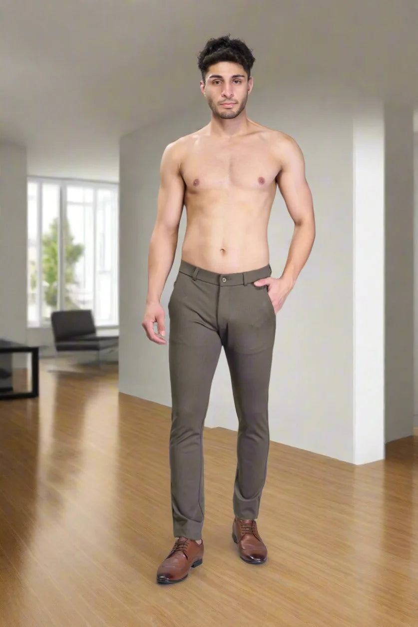 Travel-ready flexible beige pants ideal for commuting and long journeys
