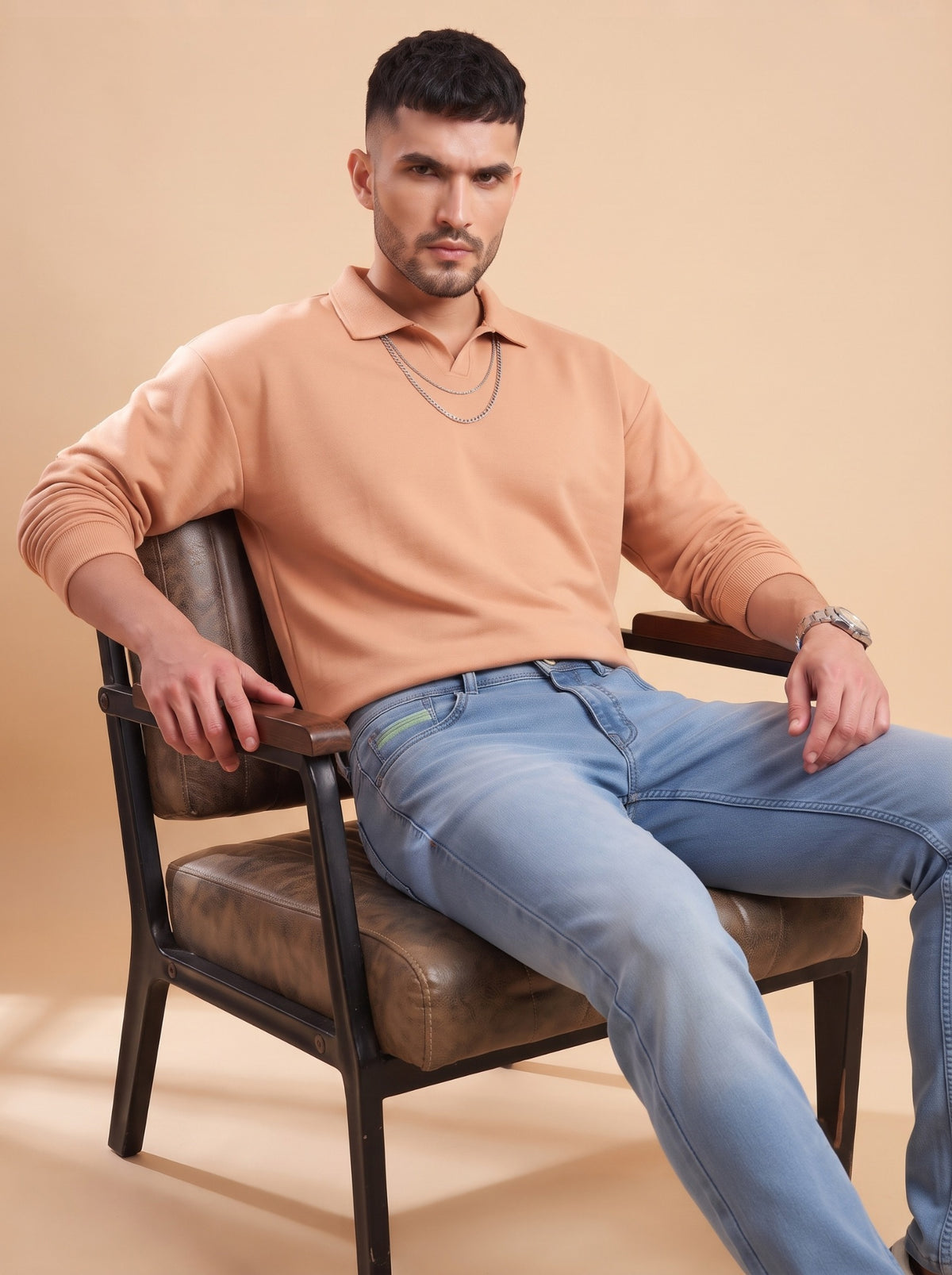 Men's light blue stretch jeans seated comfort fit