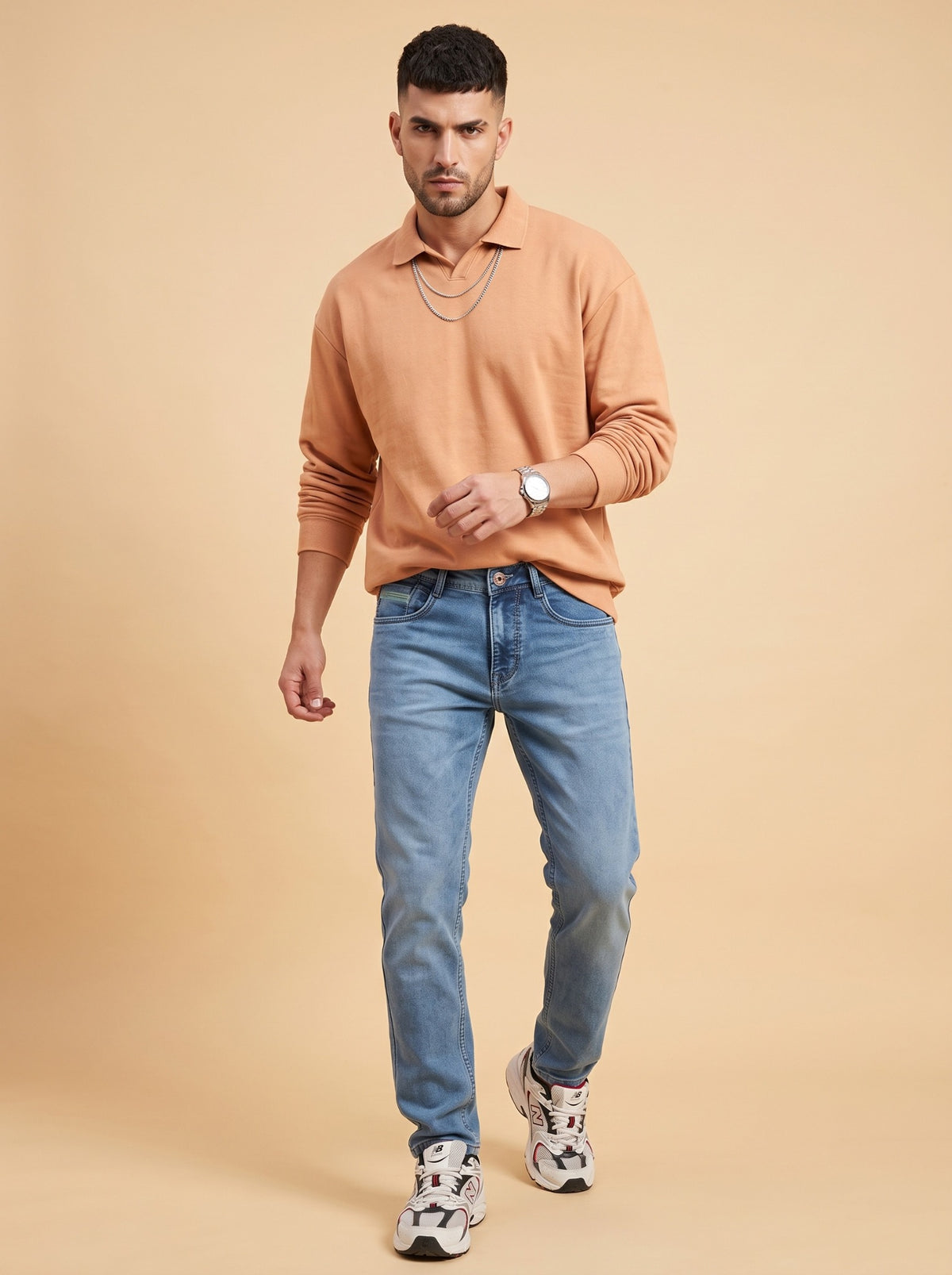 Men's light blue washed slim fit stretch jeans front view