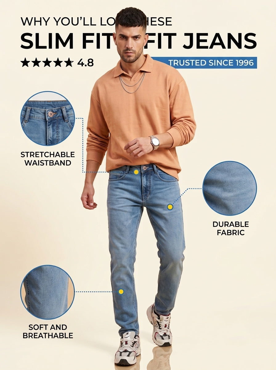 Light blue slim fit jeans features and fit overview
