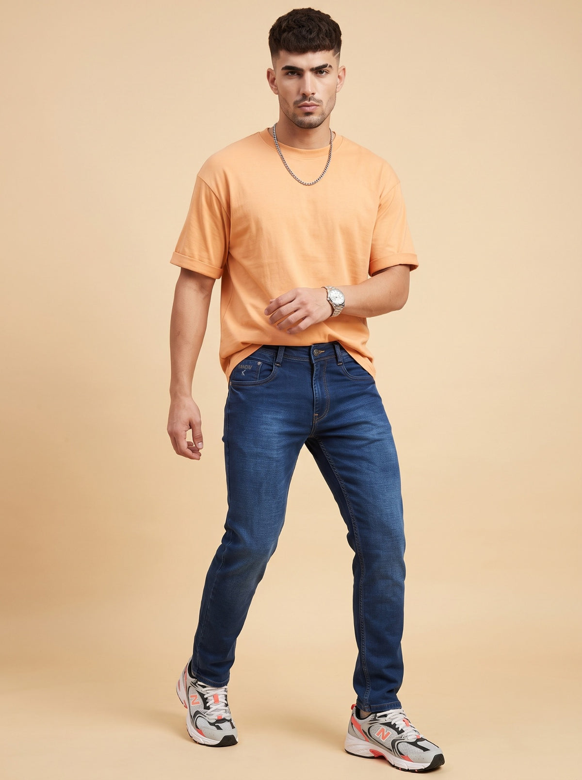 Men's dark indigo slim fit stretch jeans front view