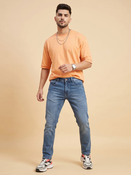 Men's mid-blue slim fit jeans full front fit