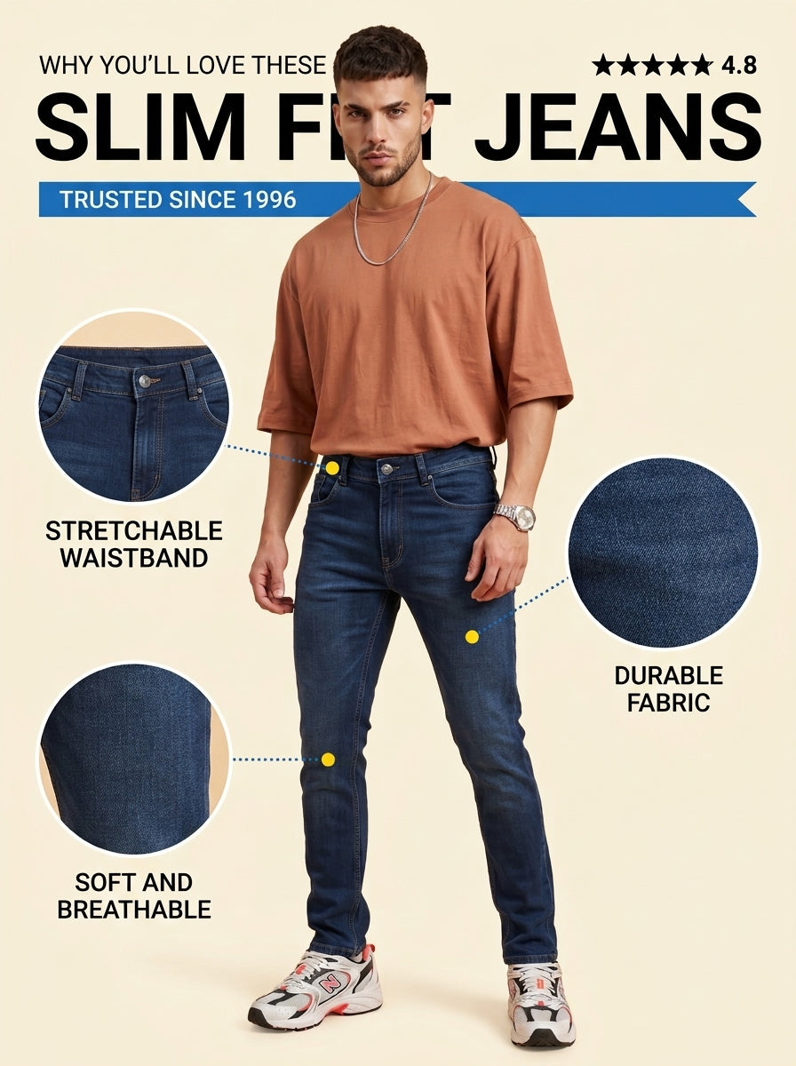 Deep blue slim fit jeans features and fit overview