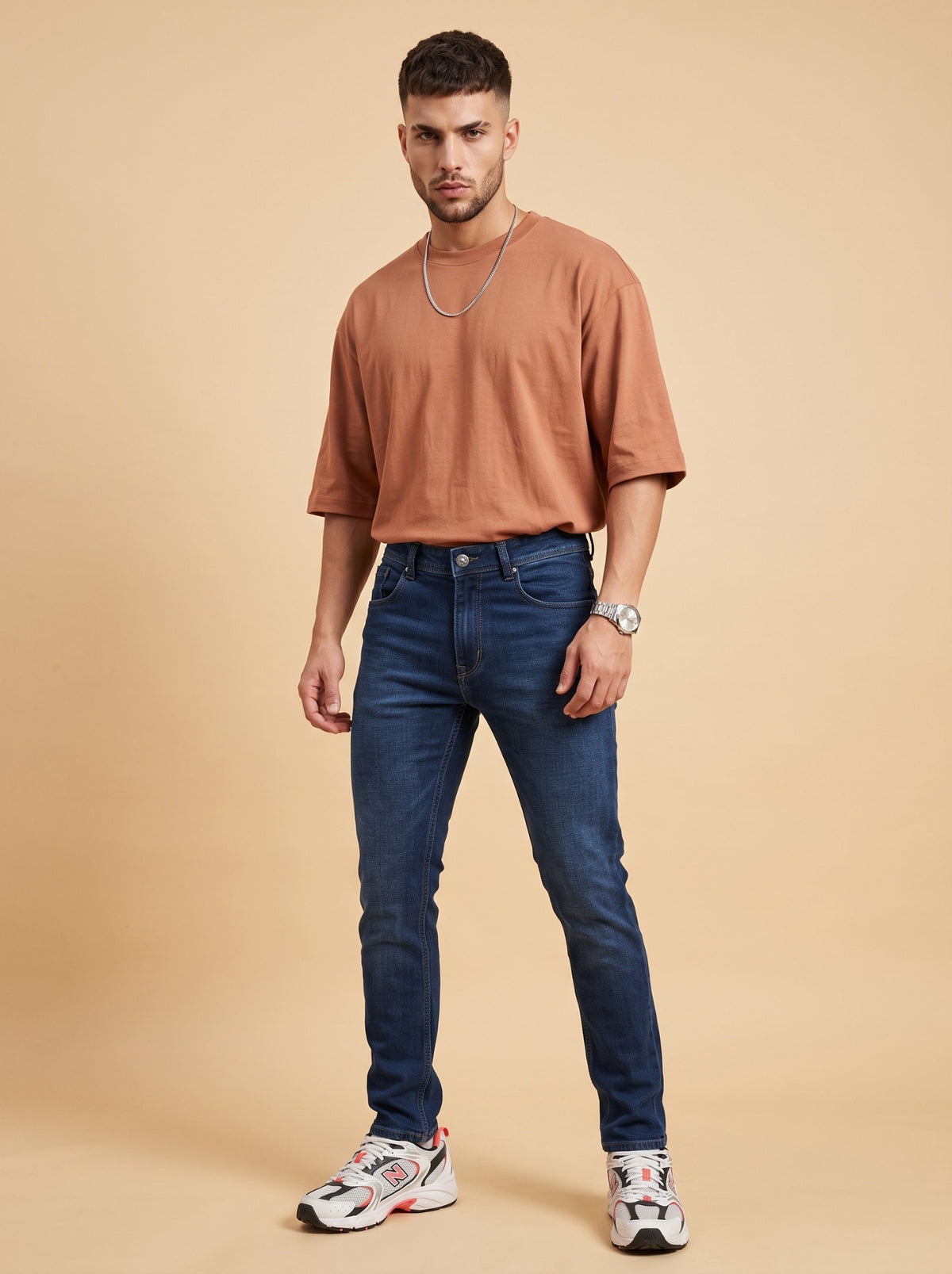 Men's deep blue slim fit stretch jeans front view