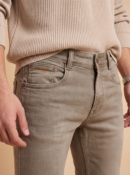 Taupe grey slim fit jeans front close-up