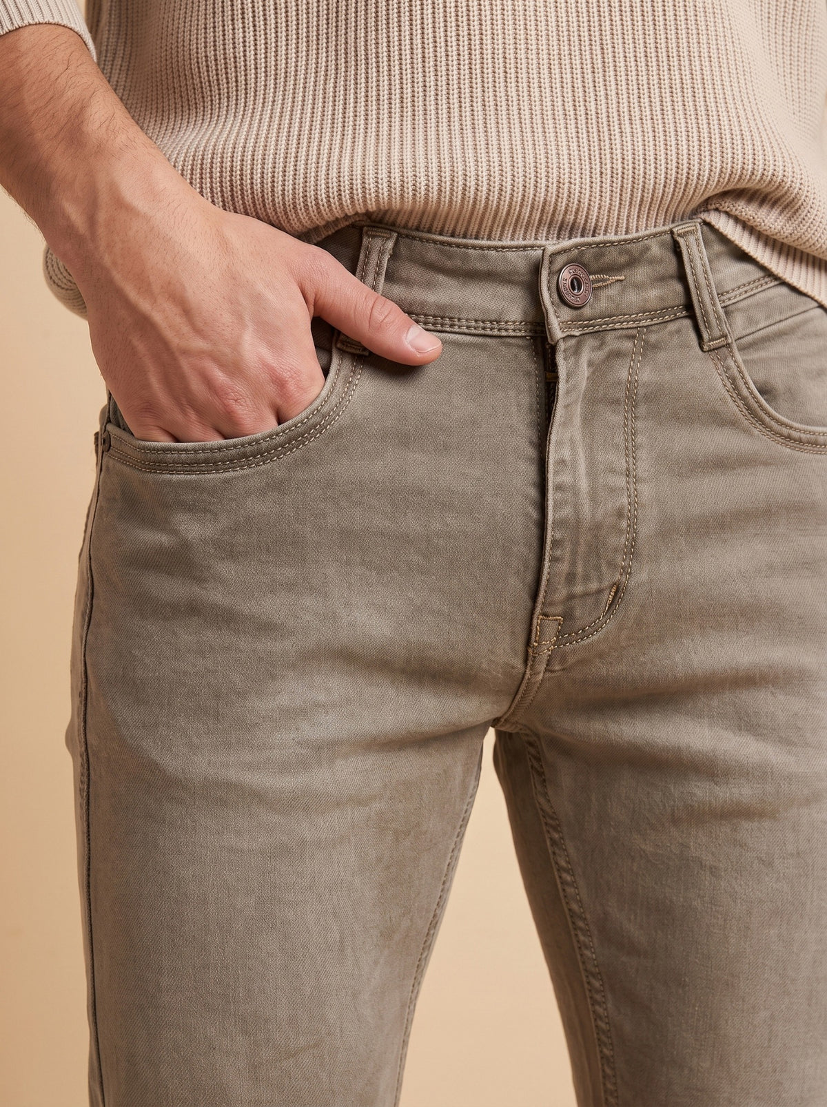 Taupe grey jeans front pocket close-up