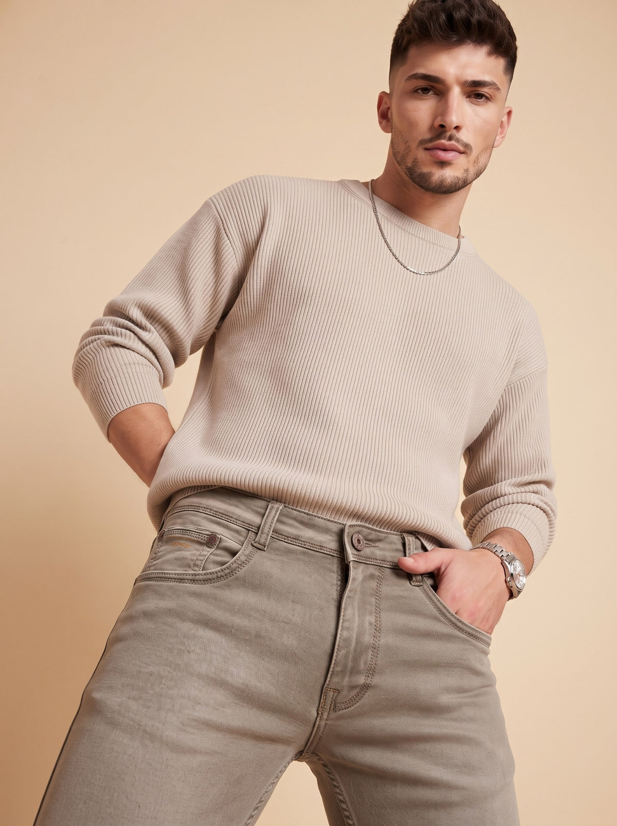 Men's taupe slim fit jeans lifestyle view