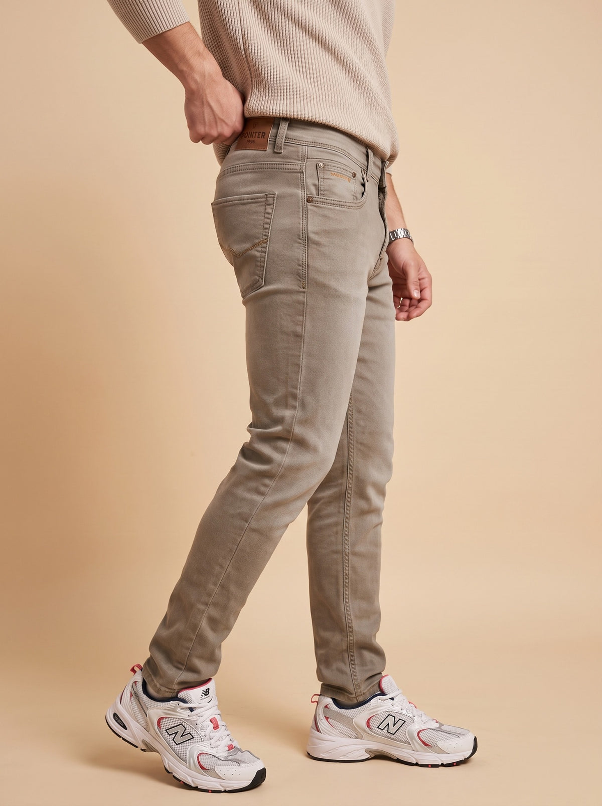 Men's taupe grey slim fit jeans side view