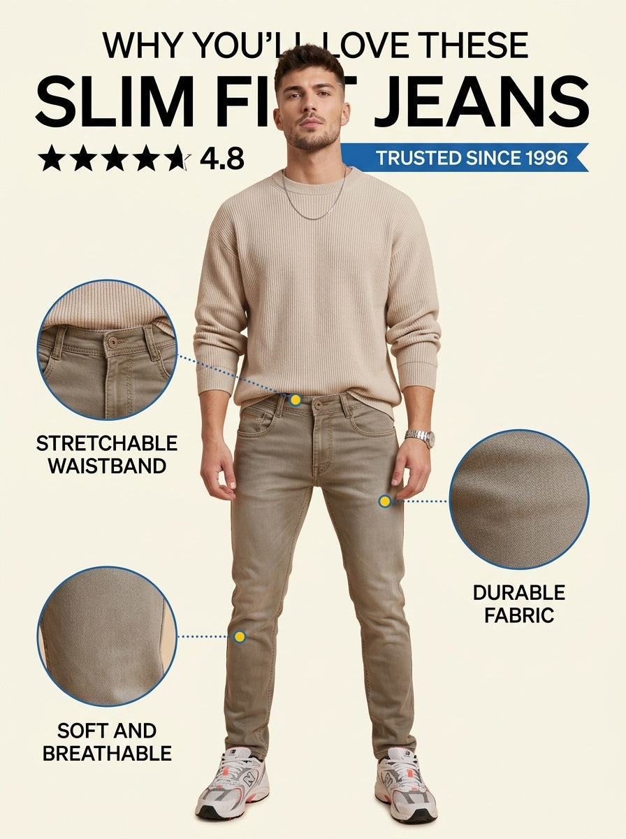 Taupe grey slim fit jeans features and fit overview