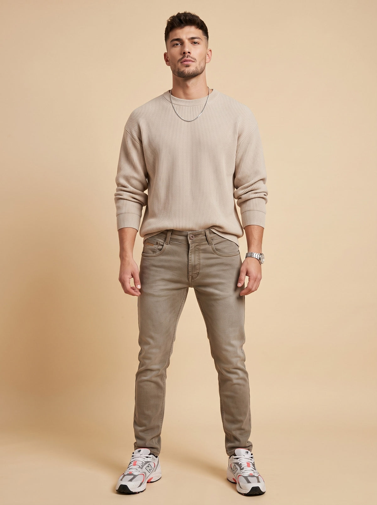 Men's taupe grey slim fit stretch jeans front view