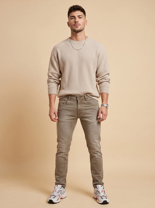 Men's taupe grey slim fit stretch jeans front view