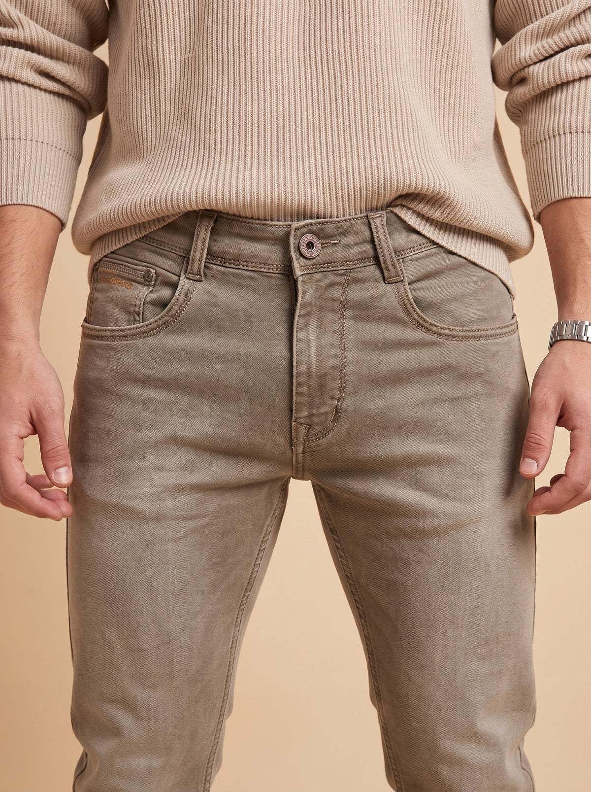 Taupe grey jeans waistband detail