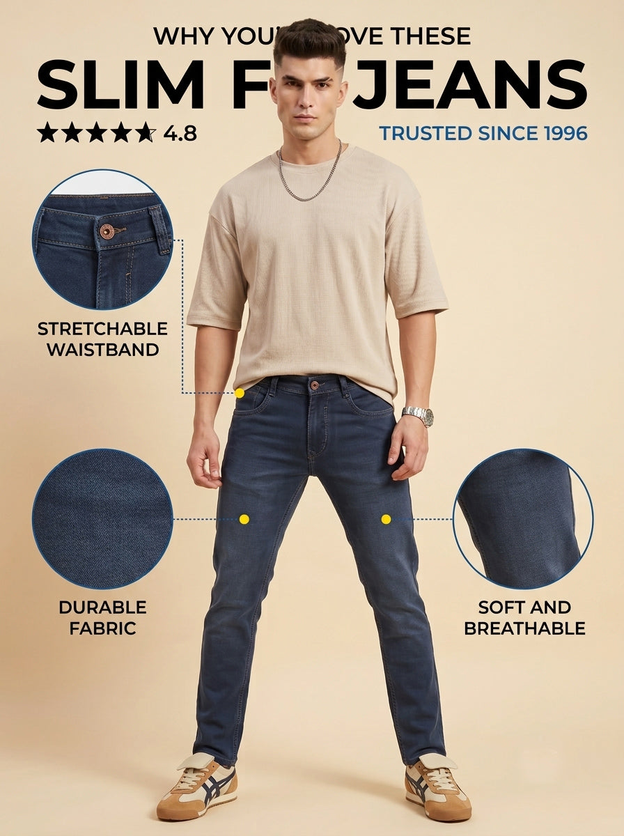 Steel blue slim fit jeans features and fit overview