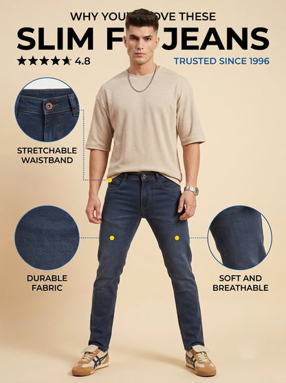Steel blue slim fit jeans features and fit overview