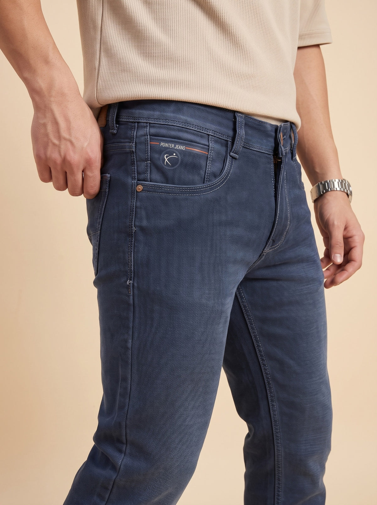 Steel blue slim fit jeans front close-up