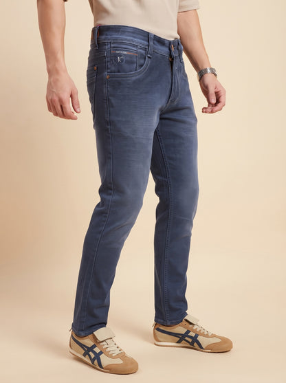 Men's steel blue slim fit jeans side view