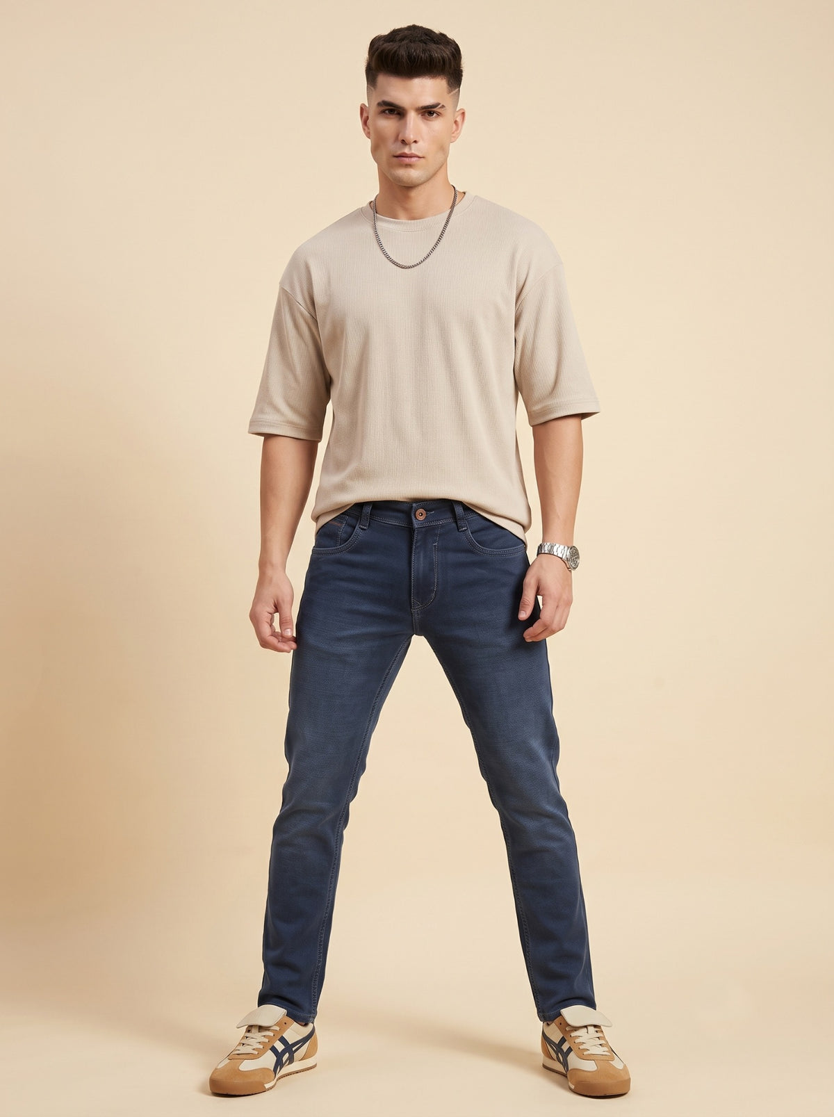 Men's steel blue slim fit stretch jeans front view