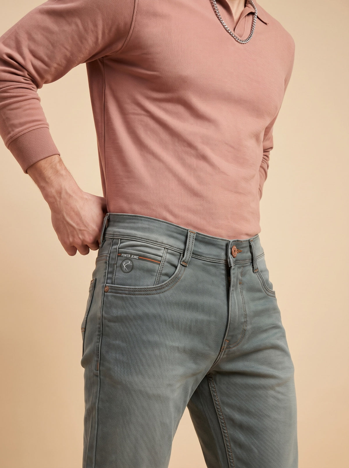 Men's sage grey jeans rear angle