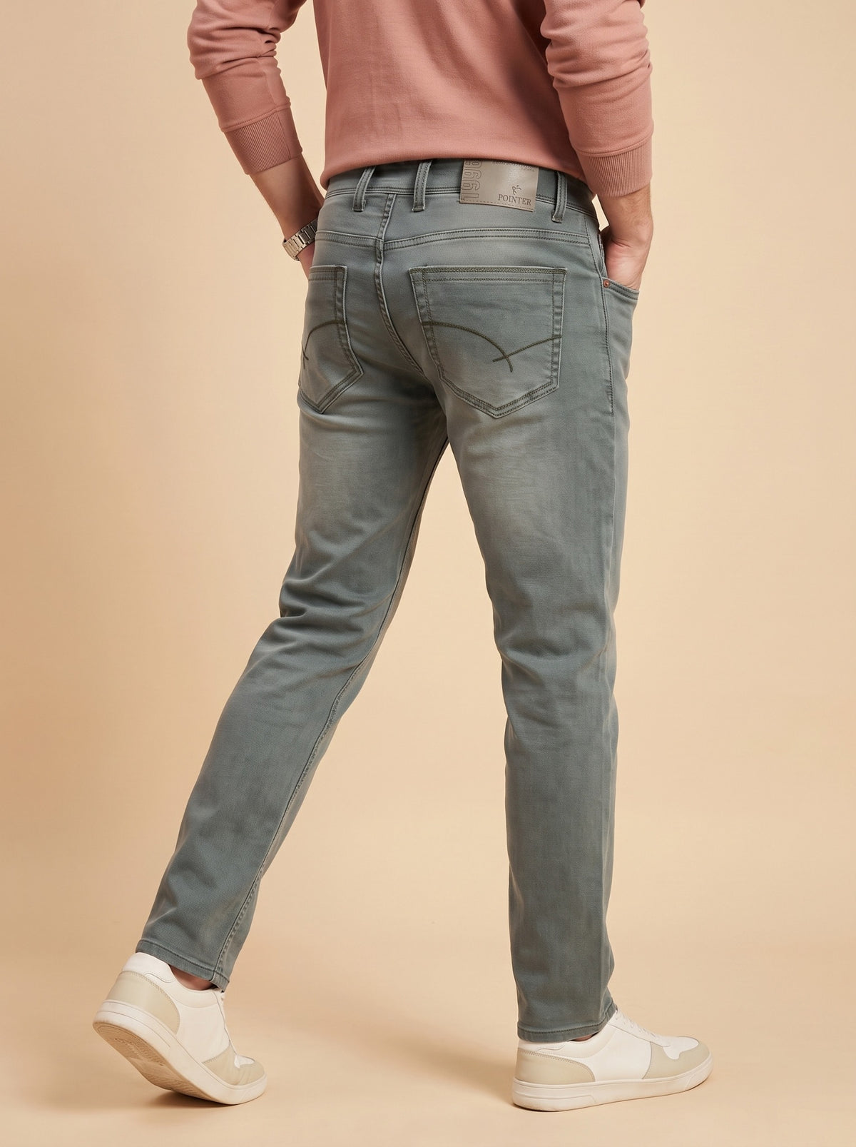Men's sage grey slim fit jeans back view