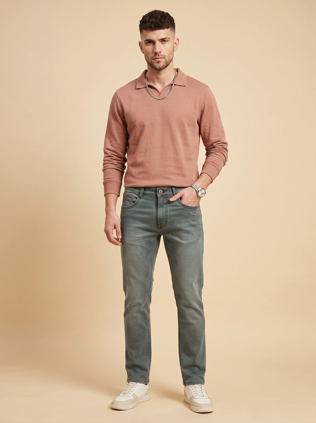 Men's sage grey slim fit stretch jeans front view