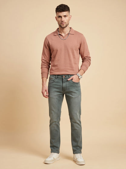 Men's sage grey slim fit stretch jeans front view
