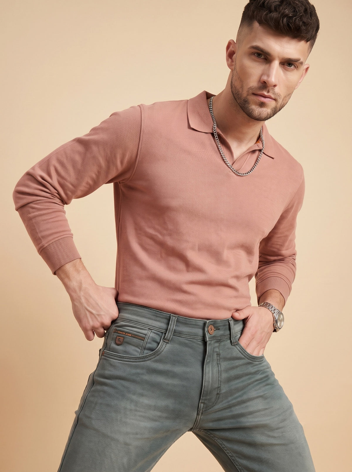 Men's sage grey stretch jeans lifestyle view
