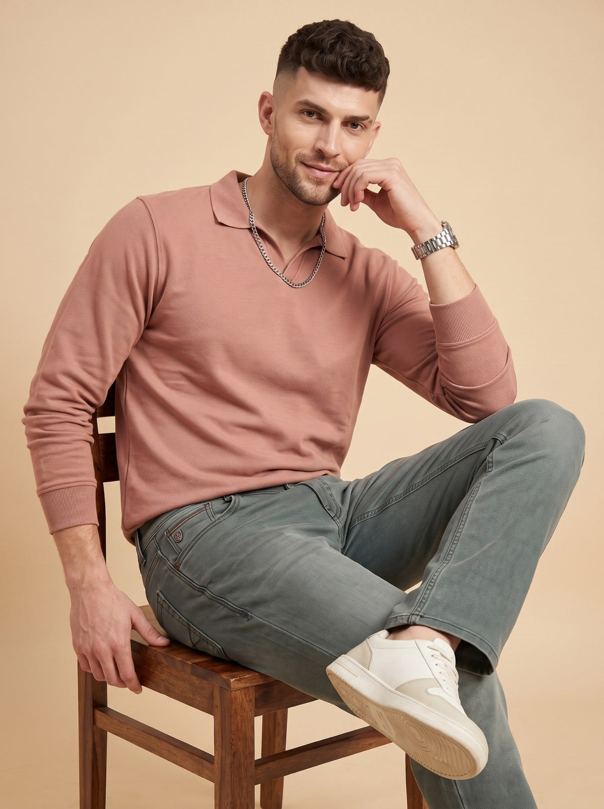 Men's sage grey slim fit jeans seated angle