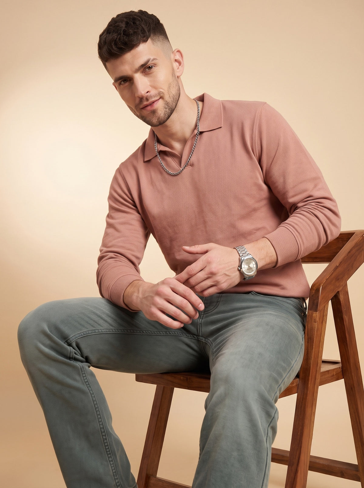 Men's sage grey jeans casual seated view