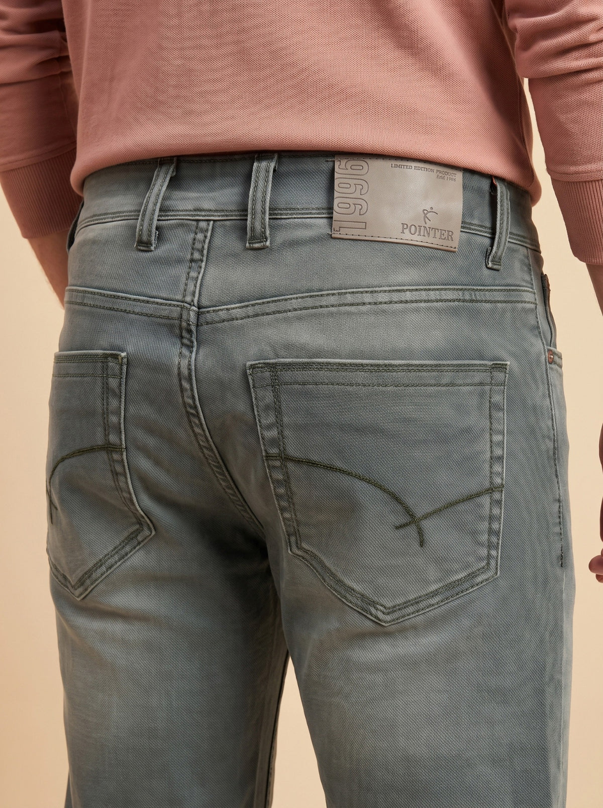 Sage grey slim fit jeans side detail