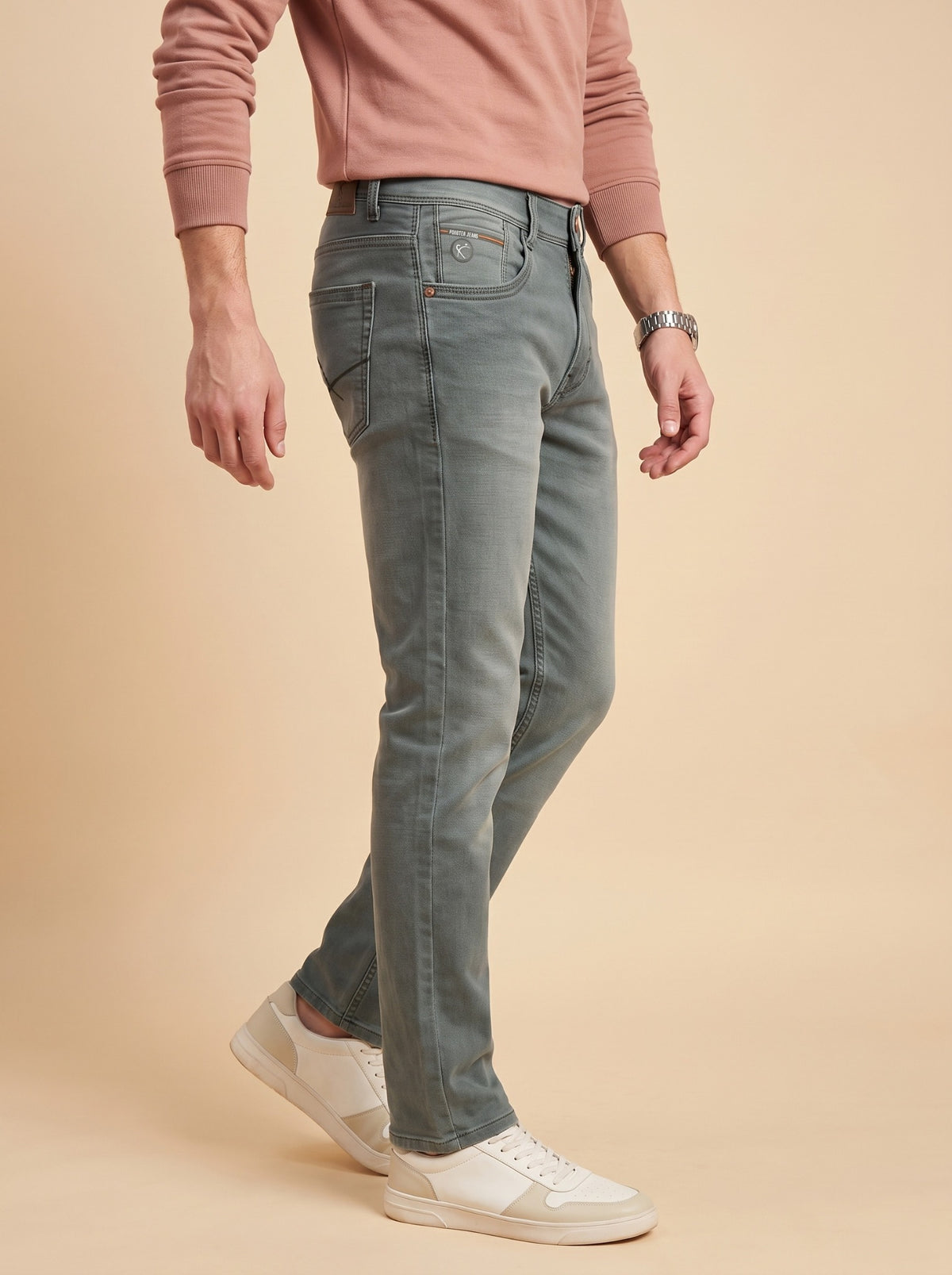 Men's sage grey slim fit jeans side view