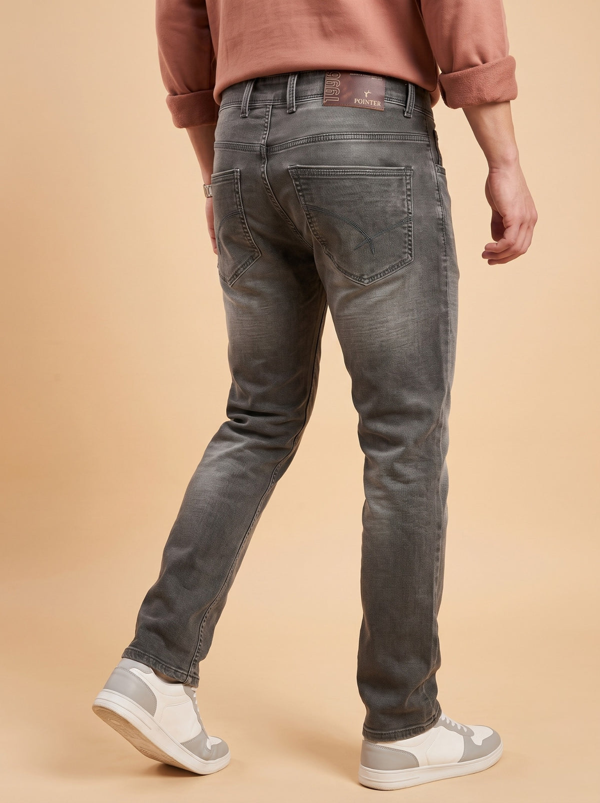 Men's charcoal grey slim fit jeans back angle