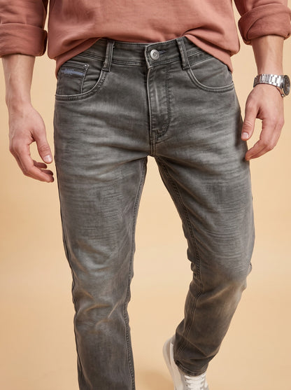 Charcoal grey jeans rear pocket and waistband detail