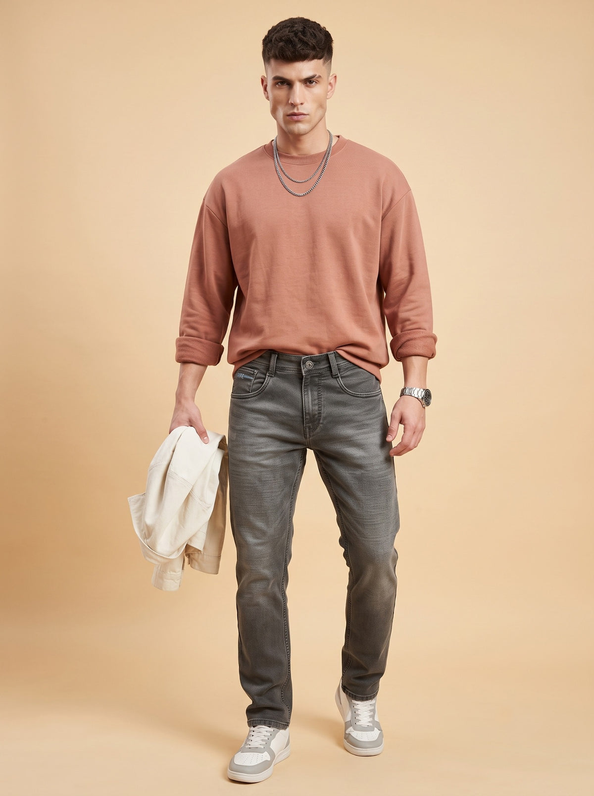Men's charcoal grey slim fit stretch jeans front view