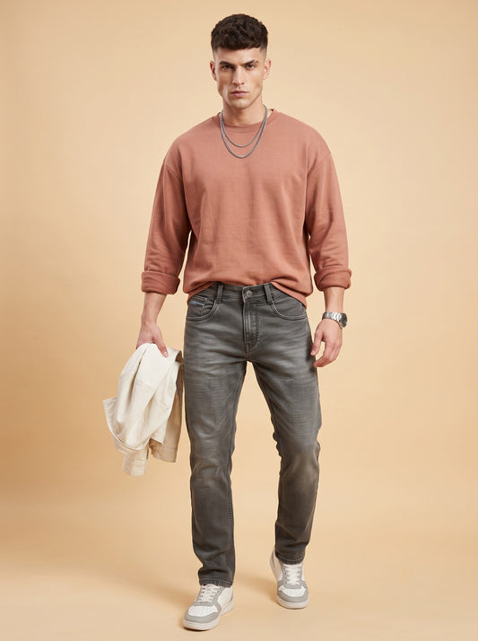 Men's charcoal grey slim fit stretch jeans front view